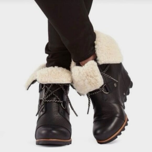 Sorel Black and White Lace-Up Winter Boots - Joan of Arctic Wedge Mid Shearling - Picture 2 of 10